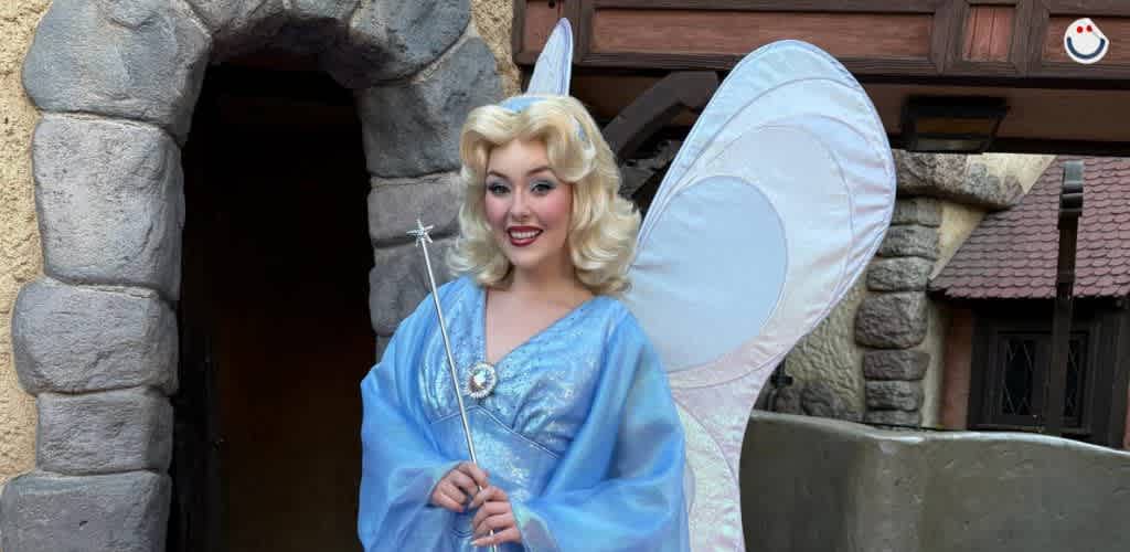 A person dressed as a fairy stands smiling outside a stone archway. They wear a flowing blue gown, large white wings, and hold a slender wand. The background features a rustic, fairy-tale-like building with textured stone walls and shingled roofs, creating a whimsical and enchanting atmosphere.