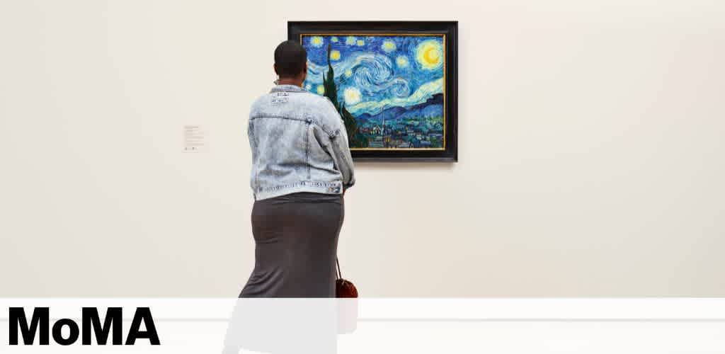 A person in a denim jacket and dark skirt stands in a museum gallery observing a framed painting on a light-colored wall. The artwork depicts a swirling night sky over a small town, reminiscent of a famous starry night scene. The foreground has a small information plaque beside the painting. MoMA is written in bold at the bottom left corner.