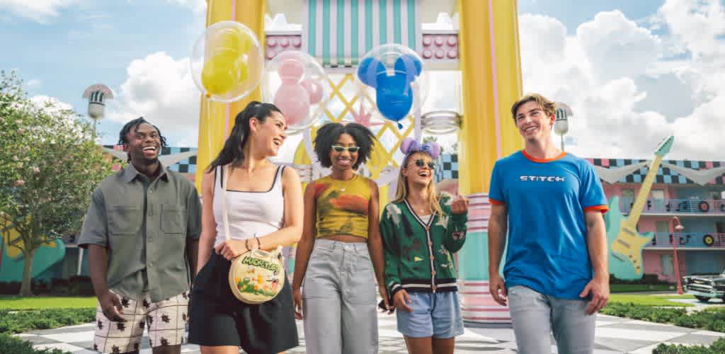A group of cast members stands smiling in front of a bright, colorful building, highlighting their unity and the cheerful setting.