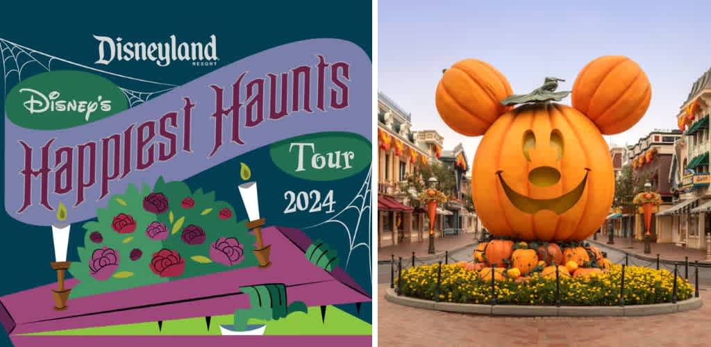 The image is split into two sections. On the left, a poster with the text Disney's Happiest Haunts Tour 2024 features a spooky theme with candles, roses, and spiderwebs. On the right, a large pumpkin sculpture shaped like a familiar character's head is displayed on a street lined with festive fall decorations, enhancing the Halloween atmosphere. The setting suggests a lively and enchanting event perfect for celebrating the season.