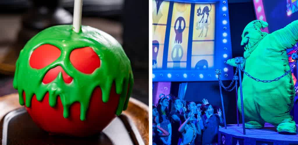 Split image: Left shows a red apple with green candy coating resembling a spooky skull on a wooden tray. Right shows a vibrant scene with a large, costumed character on stage interacting with an animated audience and colorful backdrop.