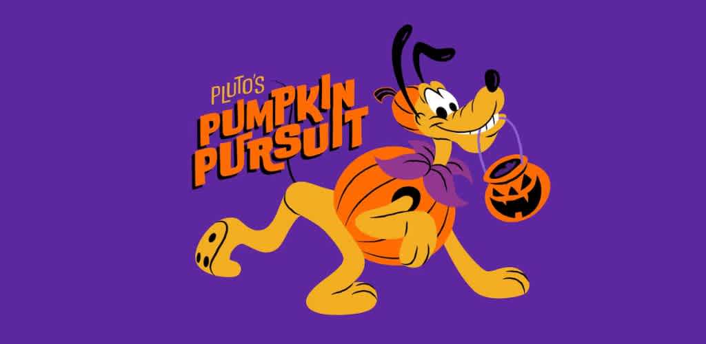 A cartoon dog in an orange pumpkin costume holds a pumpkin-shaped basket in its mouth against a purple background. Text reads Plutos Pumpkin Pursuit.
