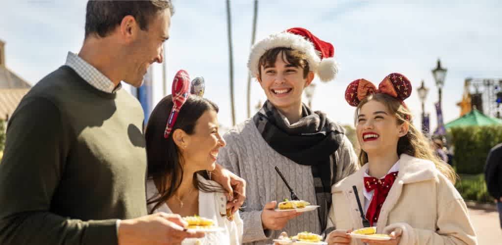 A group of four people enjoys a festive outdoor gathering. They are smiling and wearing holiday-themed accessories, including Santa hats and festive headbands. Each person holds a small plate of food, suggesting a joyful dining experience. The background shows a clear sky and hints of a lively event with colorful decorations, creating a warm and cheerful atmosphere.