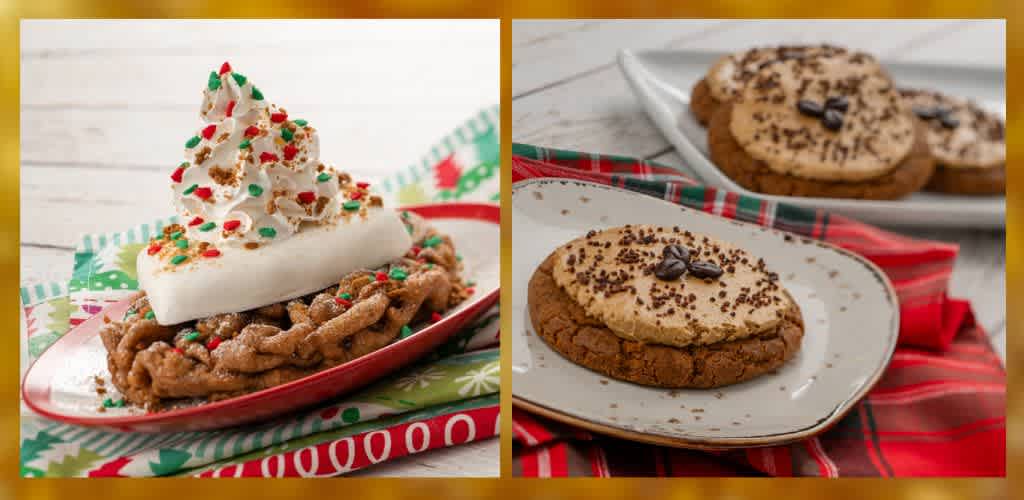 On the left, a festive funnel cake topped with a scoop of ice cream, whipped cream, and colorful sprinkles rests on a holiday-themed platter. On the right, two peanut butter cookies topped with chocolate chips and sprinkled with chocolate bits are displayed on white platters, set against a red plaid cloth. The image captures the warmth and indulgence of holiday treats.
