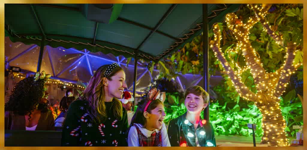 A group of children smiling and enjoying a festive ride under a canopy of twinkling lights. The background features vibrant greenery and a beautifully lit tree adorned with golden lights, creating a magical atmosphere. The setting captures the joy and excitement of a holiday celebration with a warm and lively ambiance.
