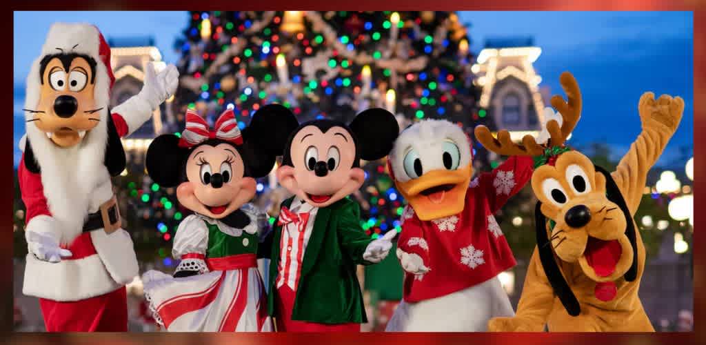 Five beloved cartoon characters in festive holiday attire pose cheerfully in front of a brightly decorated Christmas tree. The scene captures a joyful, seasonal atmosphere, perfect for family celebrations, with vibrant colors and sparkling lights adding to the festive mood.