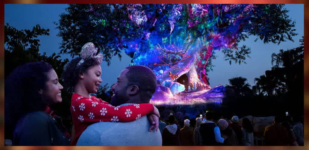A family of three enjoys an evening at a theme park. They stand close together, smiling at each other. In the background, a large, illuminated tree showcases vibrant colors and intricate designs, captivating the surrounding visitors. The scene captures a magical and joyful moment under a starlit sky.
