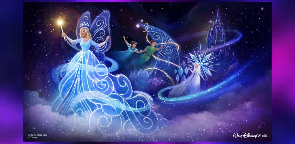 A magical scene featuring a fairy-like figure in a sparkling, blue gown with wings, holding a glowing wand. Beside her, two characters are soaring amidst twinkling stars, with a castle in the background. Another character emanates icy, blue energy. All are set against a starry night sky with swirling, mystical patterns.