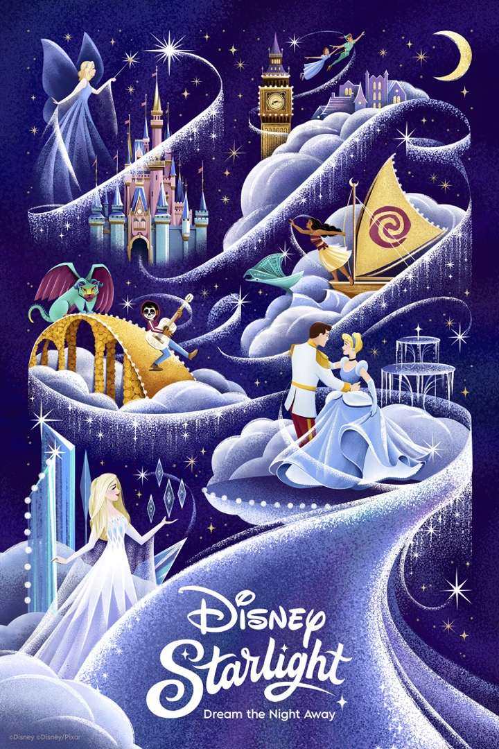 A magical night scene featuring iconic Disney characters and settings. A fairy hovers over a castle, a couple dances on a sparkling path, a musical skeleton serenades on a bright bridge, while a voyager navigates a whimsical boat. Other characters fly and explore among glittering stars, fluffy clouds, and enchanting landscapes, creating a dreamy, fantastical atmosphere. The words Disney Starlight Dream the Night Away are at the bottom.