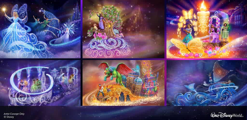 This vibrant artwork showcases floating fantasy scenes with colorful characters and magical elements. Each section features whimsical scenes with iconic characters in imaginative settings, like enchanting landscapes and majestic ships. The composition bursts with vivid colors, swirling patterns, and an overall dreamlike quality, evoking a sense of wonder and adventure. Perfect for captivating viewers and sparking the imagination. Disney concept art.