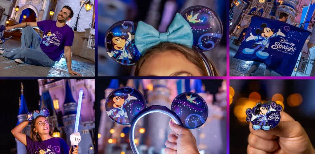 A collage of vibrant images featuring Disney-themed attractions and merchandise. The top left shows a person in a purple Disney t-shirt sitting near a castle. The center top displays a headband with Mickey ears and a blue bow. The top right shows a Disney Starlight-themed bag. Bottom left highlights a person with a glowing wand. Bottom center focuses on the Mickey ear headband. Bottom right shows a pin with Disney Starlight imagery. The ambiance is playful and magical.