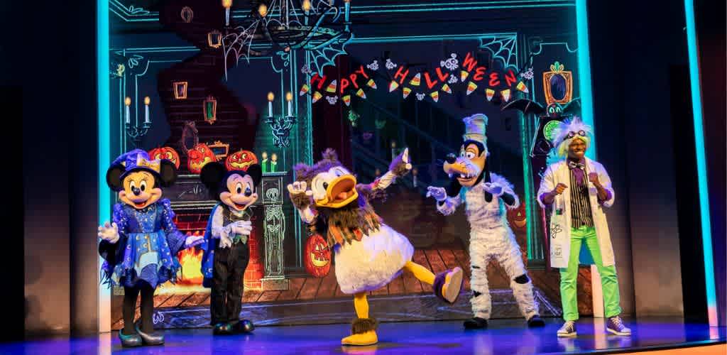 A lively Halloween-themed stage scene features iconic cartoon characters dressed in festive costumes. The backdrop displays a spooky mansion interior with glowing pumpkins and a  Happy Halloween  banner. The characters, adorned in colorful attire, are joyfully posing and dancing, creating a fun and festive atmosphere perfect for a Halloween celebration.