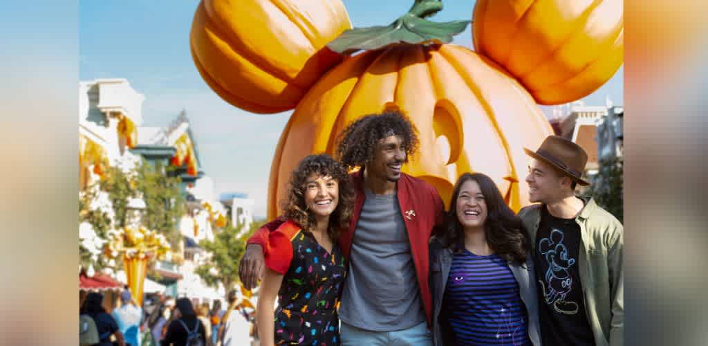 A group of four friends smiles and enjoys a sunny day at an amusement park. They stand in front of a large pumpkin with ears, suggesting a Halloween theme. The surrounding area is bustling with visitors and festive decorations. The friends are dressed casually, ready for a fun day out.