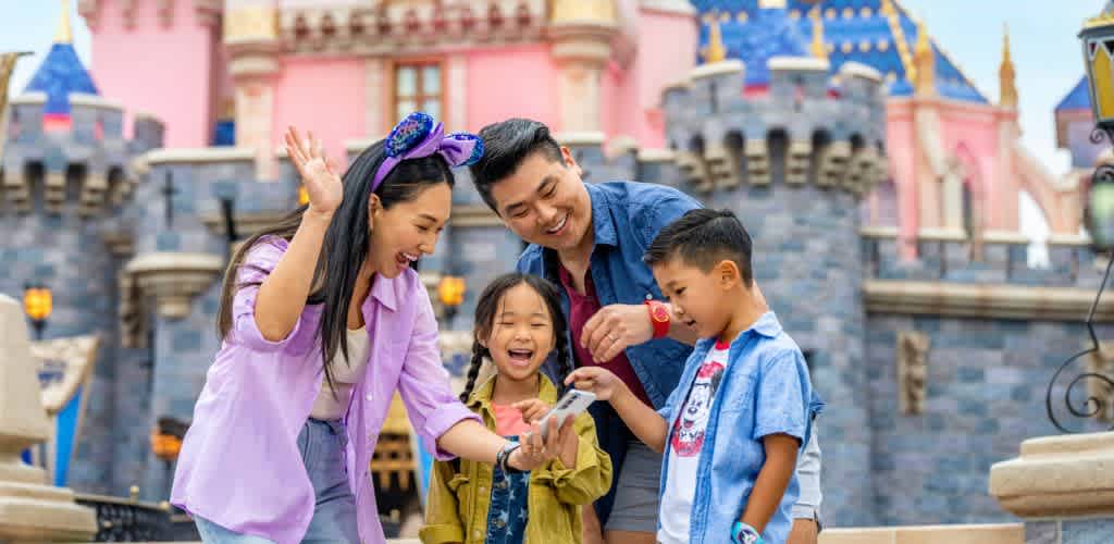 A family of four enjoys a day at a theme park. The parents are smiling and engaging with their two children, who are laughing. They stand in front of a colorful castle, creating a joyful and lively atmosphere. The scene captures a moment of fun and togetherness in a magical setting.