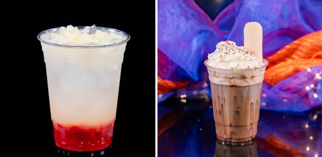 Two different blended ice beverages in clear cups with whipped toppings and straws on colorful backgrounds.