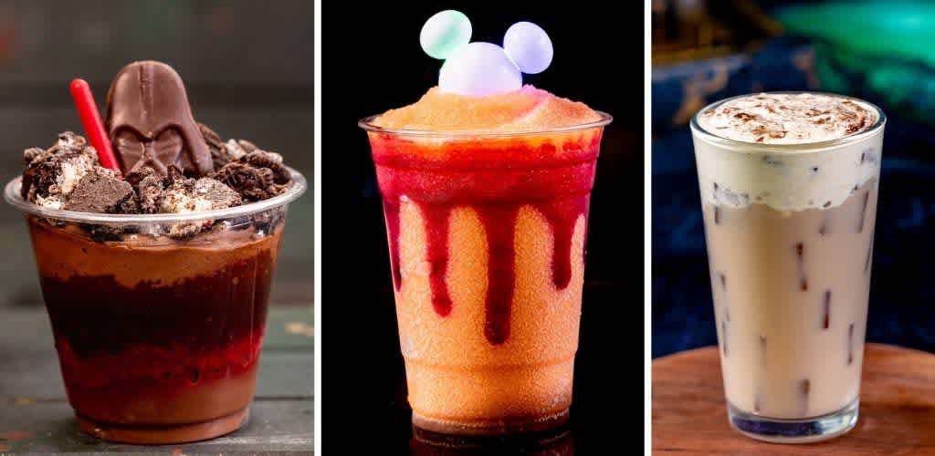 Three different colorful ice-based desserts in clear cups with toppings and syrup drizzles.