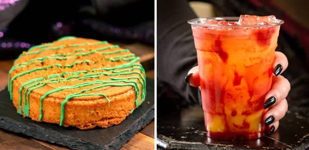 Image of a layered cake with orange frosting and green drizzle on the left and a hand holding a red and yellow iced drink on the right
