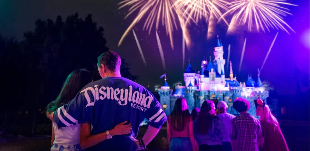 Group of people watching fireworks and a castle at Disneyland Resort at night