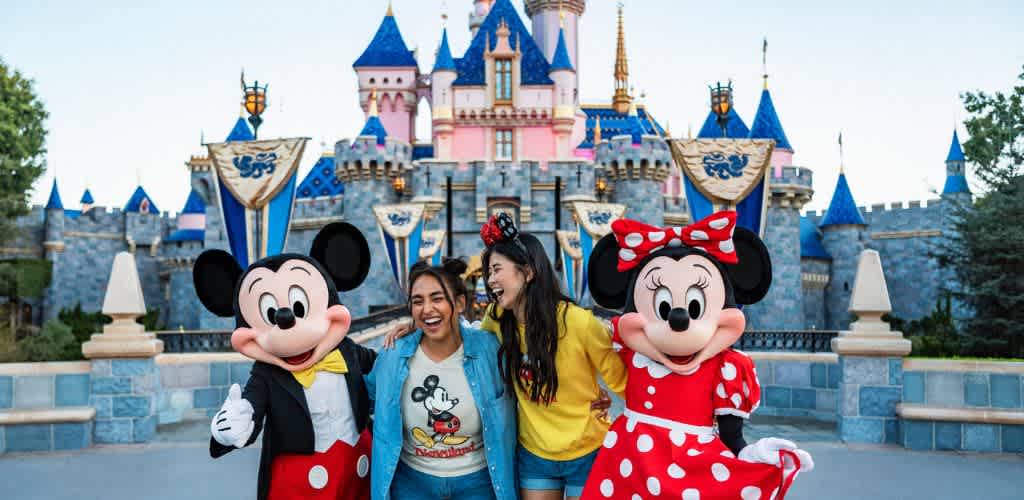 Two guests smile with Mickey and Minnie Mouse in front of a colorful Disney castle at Disneyland
