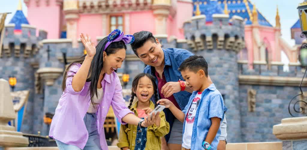 Family enjoying a fun moment in front of a colorful castle at a theme park.