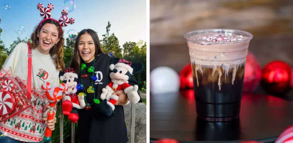 Two people smiling outdoors holding Christmas-themed toys and wearing holiday sweaters next to a Christmas-themed drink with red ornaments in the background