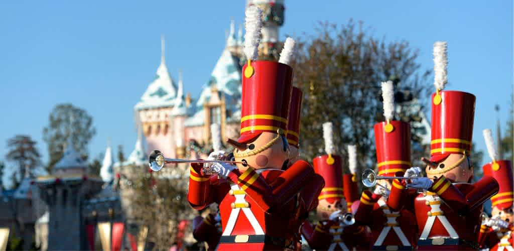 Toy soldiers in red uniforms playing trumpets with a castle in the background during a parade at Disneyland