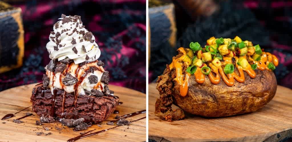 Left side shows a chocolate brownie topped with vanilla ice cream, whipped cream, chocolate shavings, and chocolate syrup. Right side features a loaded baked potato with cheese, green onions, and hot sauce.