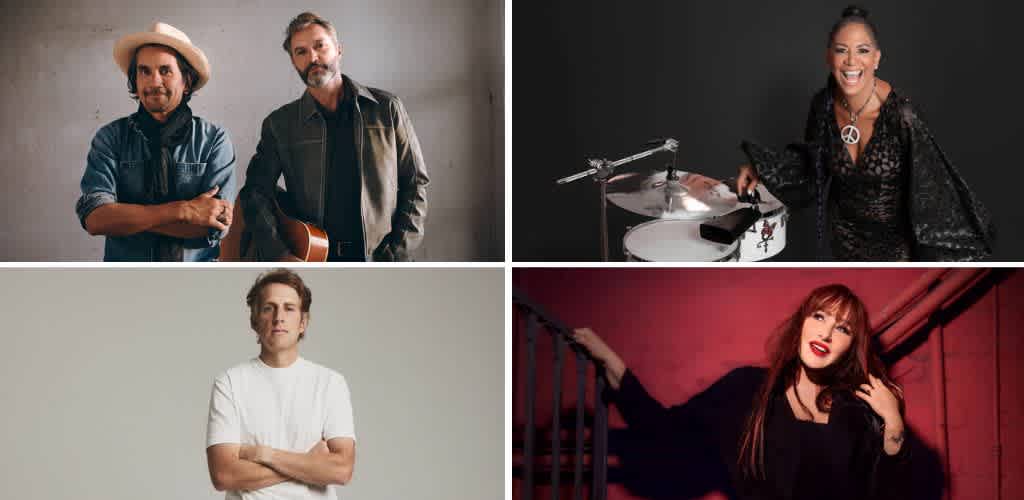 Four diverse musicians and a vocalist posing with instruments and confident expressions for a promotional photo.