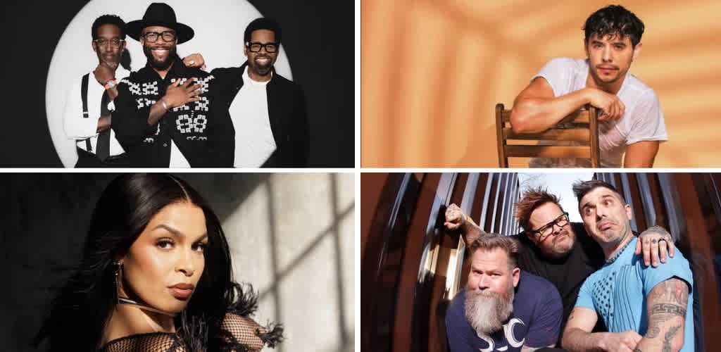 A collage of four diverse people, including a group of three men in stylish clothing, a young man sitting with his arm on a chair, a woman with dark hair, and three men making funny faces.