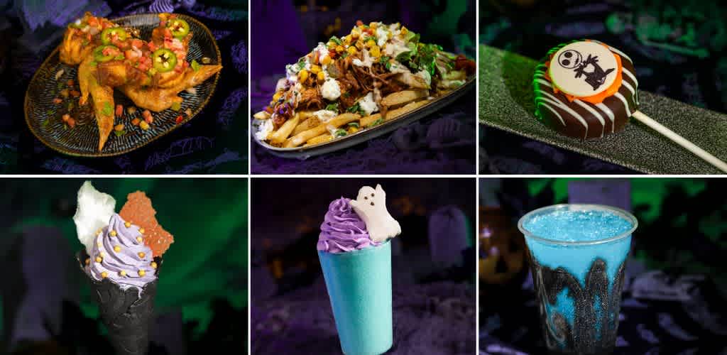 Image shows colorful spooky themed food and desserts including pizza, fries, cake pops, ice cream cones, and a fun blue slush drink for Halloween celebrations.