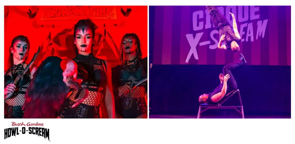 Split image showing gothic-themed performers and a Cirque X-Scream acrobatic act.