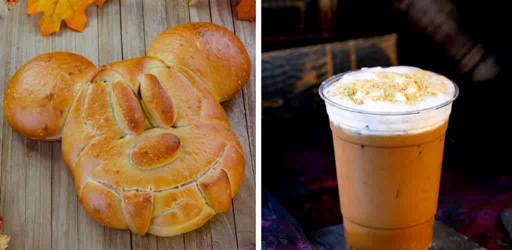 A bread roll shaped like a smiling bear's face next to a caramel-flavored drink topped with whipped cream and sprinkles on a dark surface.