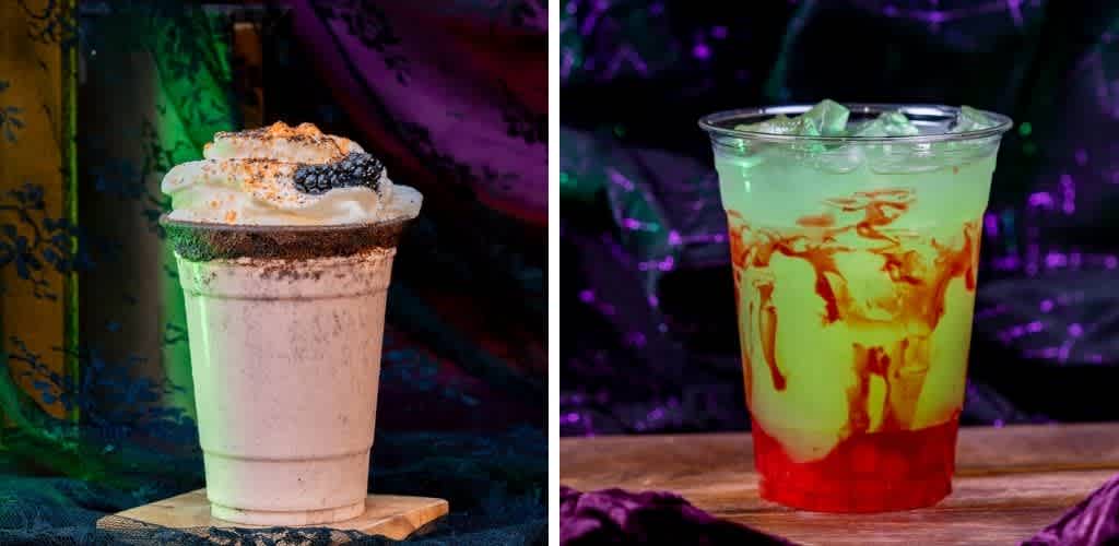 Two colorful layered beverages with whipped cream and toppings, set against vibrant abstract backgrounds, one on a wooden surface and the other on a table.