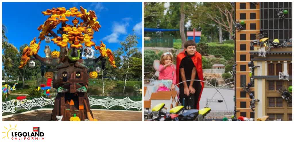 Children playing with large LEGO structures including a tree and a cityscape at LEGOLAND California outdoor playground.