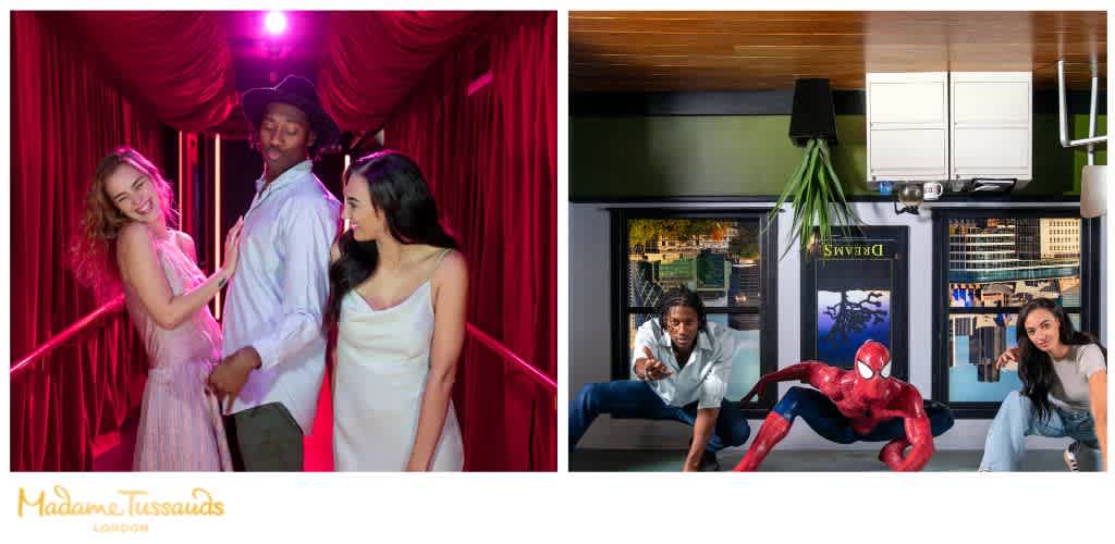 Two groups of young people enjoying fun activities indoors, one group at a party and the other playing with a life-size Spider-Man figure in a modern urban setting.