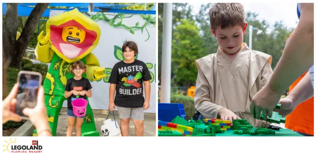 Children with a costumed character and another child building with LEGO at an outdoor event.
