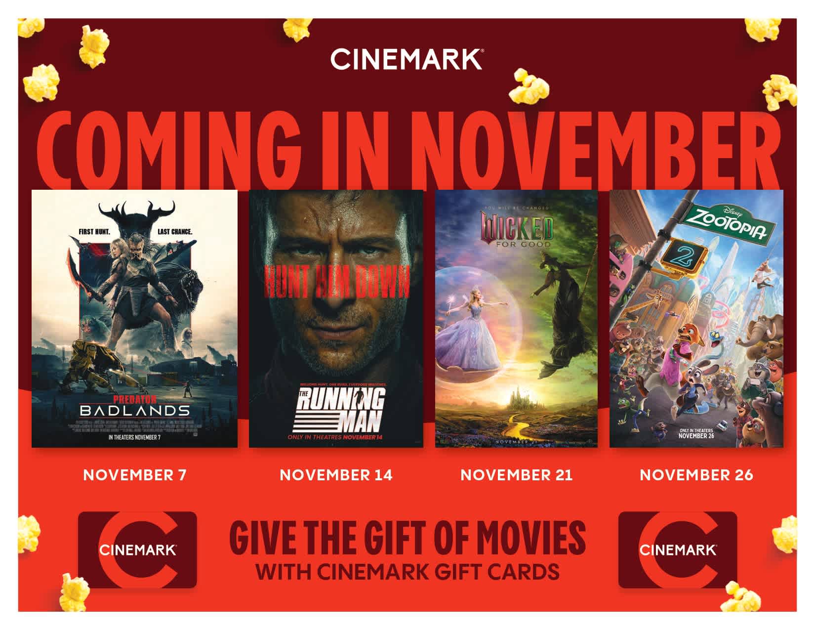 Cinemark promotional banner for movies coming in November.