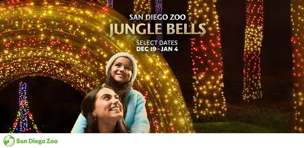 A woman and a girl under a festive archway of multicolored lights, with light-wrapped trees in the background at the San Diego Zoo's 