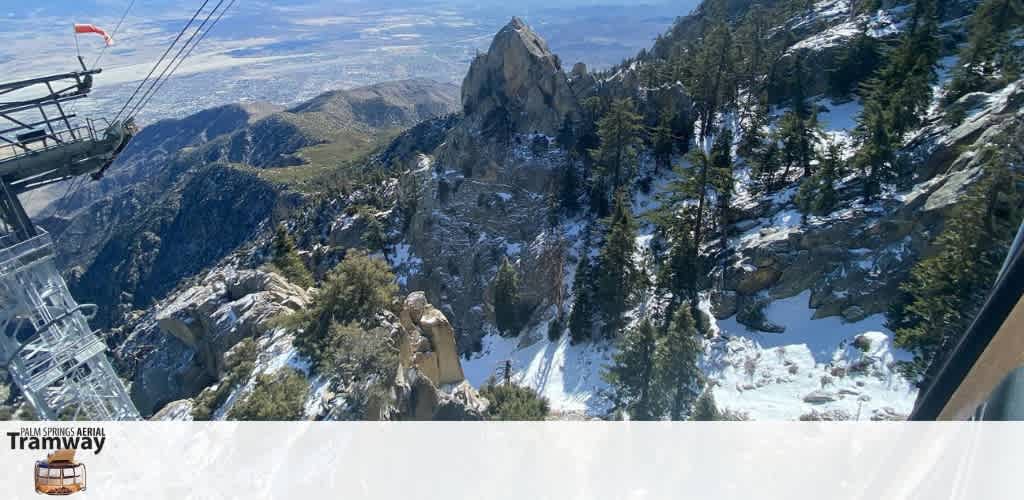 View of a snowy mountainous landscape with evergreen trees, seen from the Palm Springs Aerial Tramway platform.
