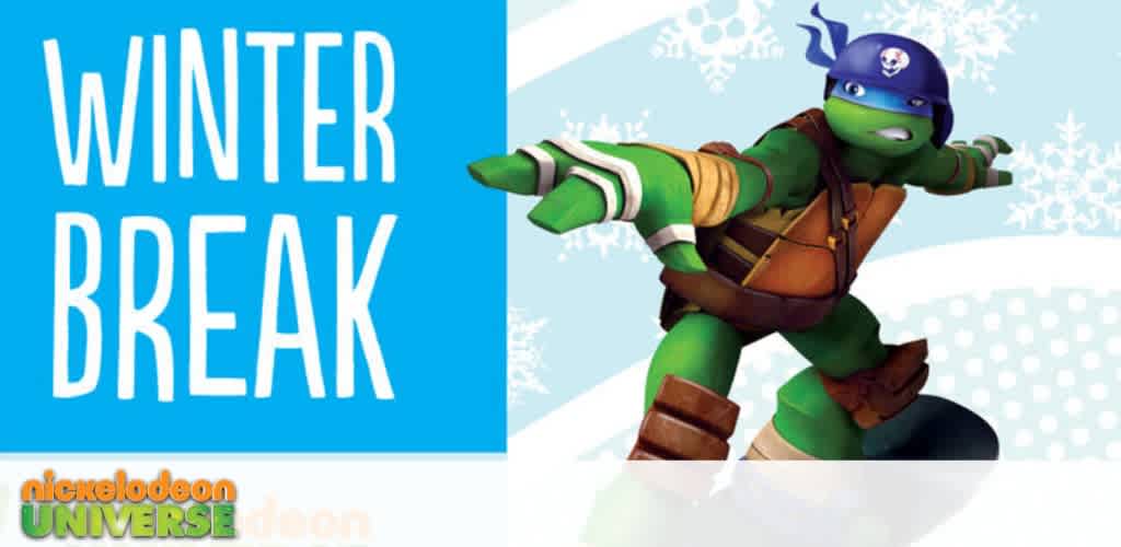 Cartoon turtle character with a blue bandana, snowboarding, next to the text 