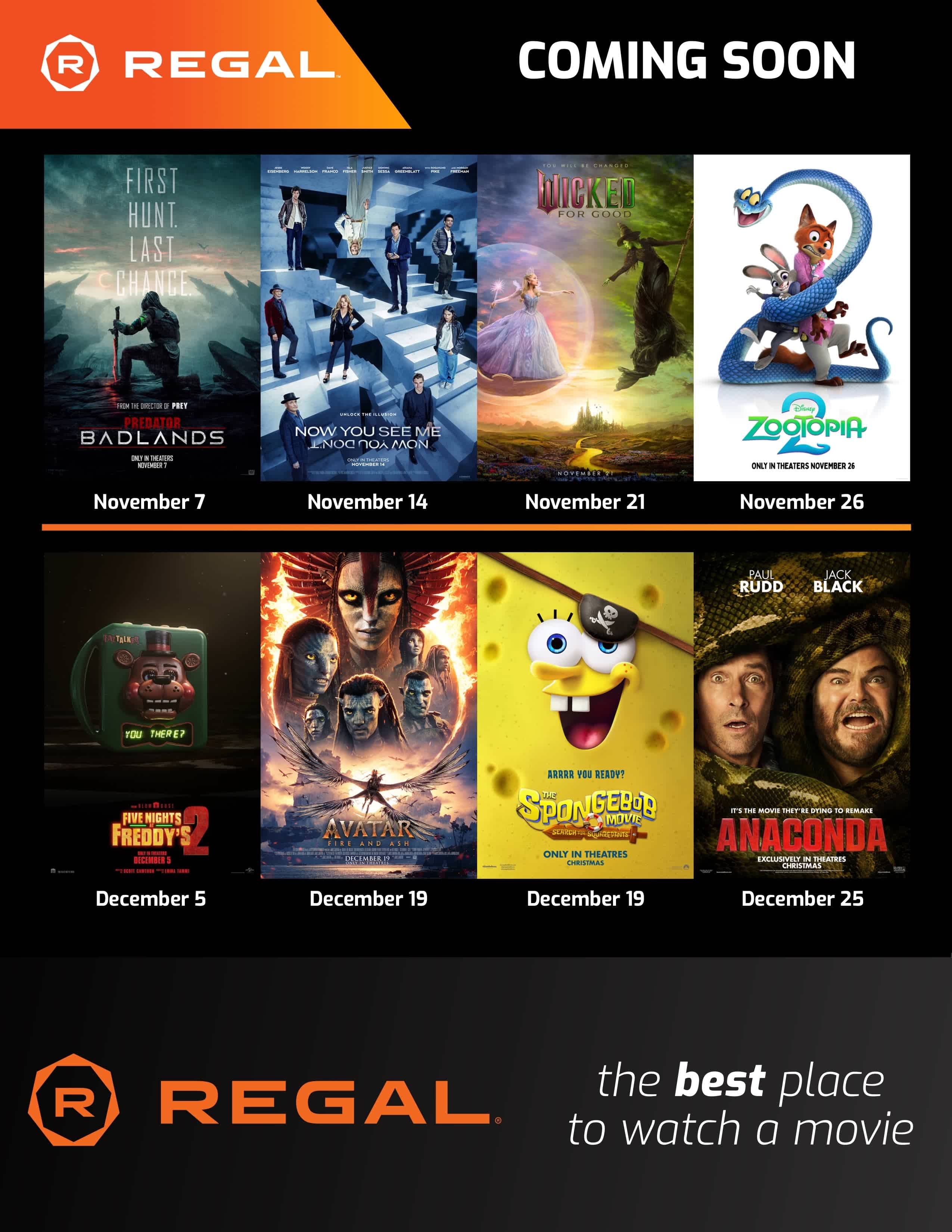 Regal movie poster collage showcasing upcoming film releases with titles and dates.