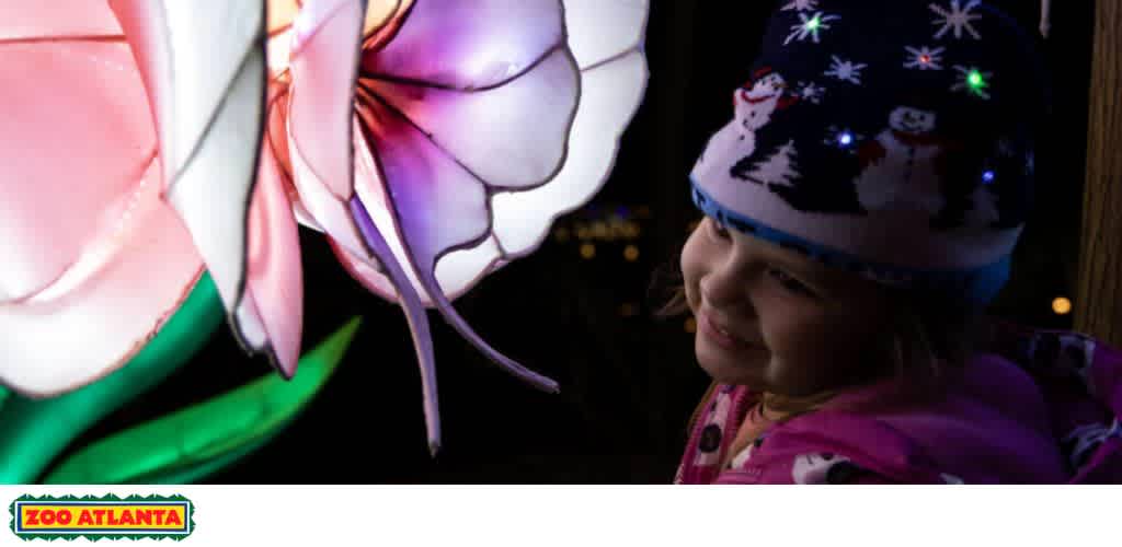 A child wearing an LED-lit winter hat looks at a large, illuminated flower display.