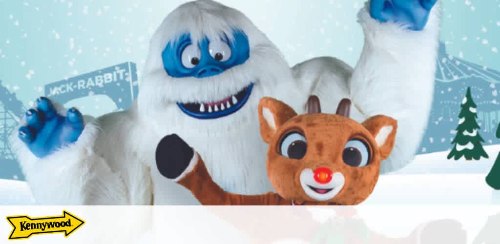 A large white furry creature and a brown reindeer character with a red nose in a snowy backdrop.