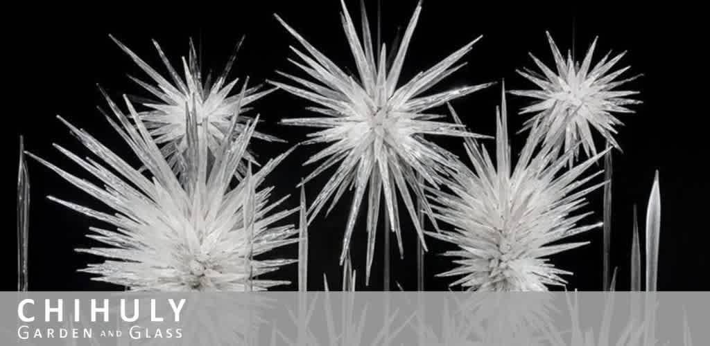 Spiky glass sculptures resembling starbursts against a black background.