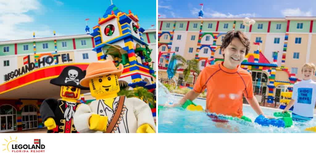 Colorful LEGOLAND Hotel facade with LEGO sculptures; children play in a watery splash area.