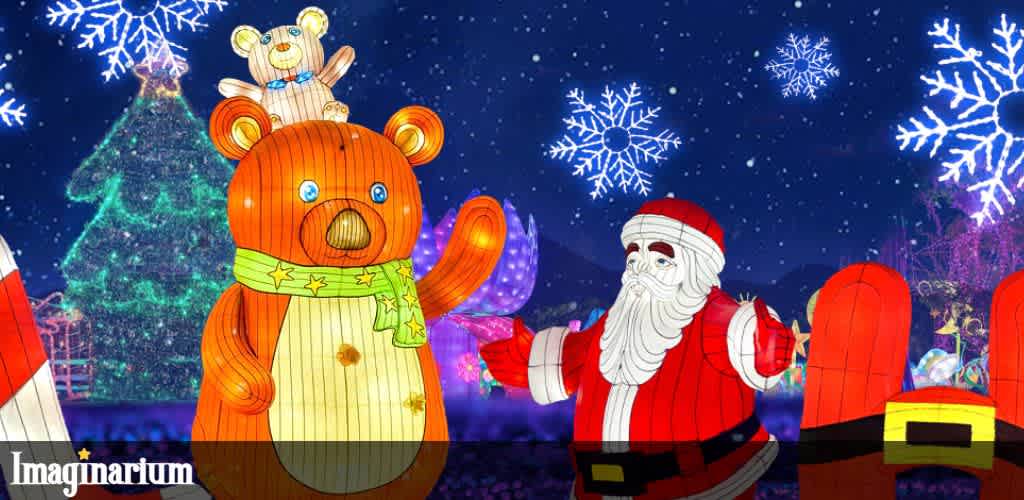 Colorful holiday scene featuring a large bear with a scarf, Santa Claus, a squirrel on the bear's head, Christmas trees, snowflakes, and presents at night.