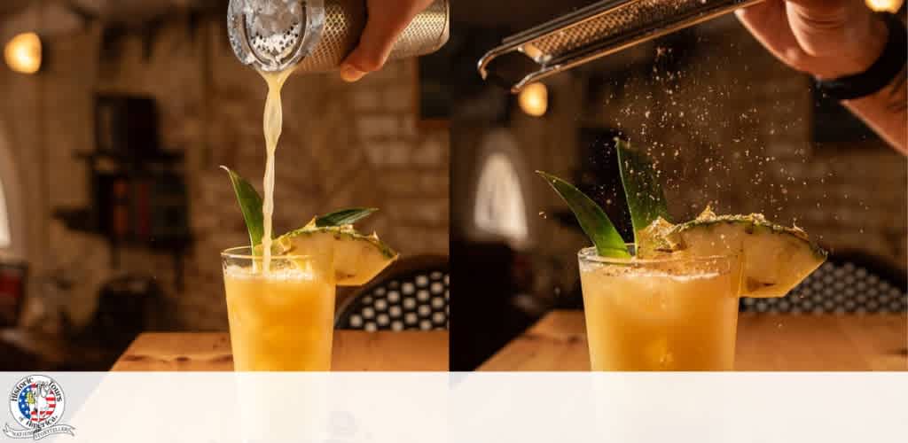 Two images showing a bartender pouring and garnishing a tropical cocktail with pineapple and green leaves in a rustic bar setting