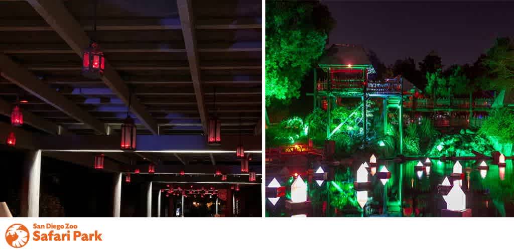 Side-by-side images of red lanterns on a ceiling and a nighttime scene with glowing structures on a pond.