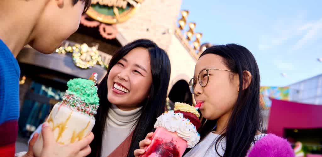 Two young women enjoying colorful ice cream sundaes outdoors at a fair or carnival under a bright blue sky