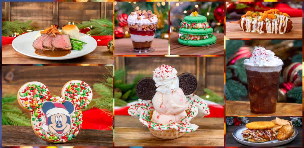 A collage of festive holiday treats including a roast beef dinner, layered dessert parfait, Christmas themed cupcakes, decorated cookies, ice cream with Mickey Mouse ears, and a holiday sandwich.